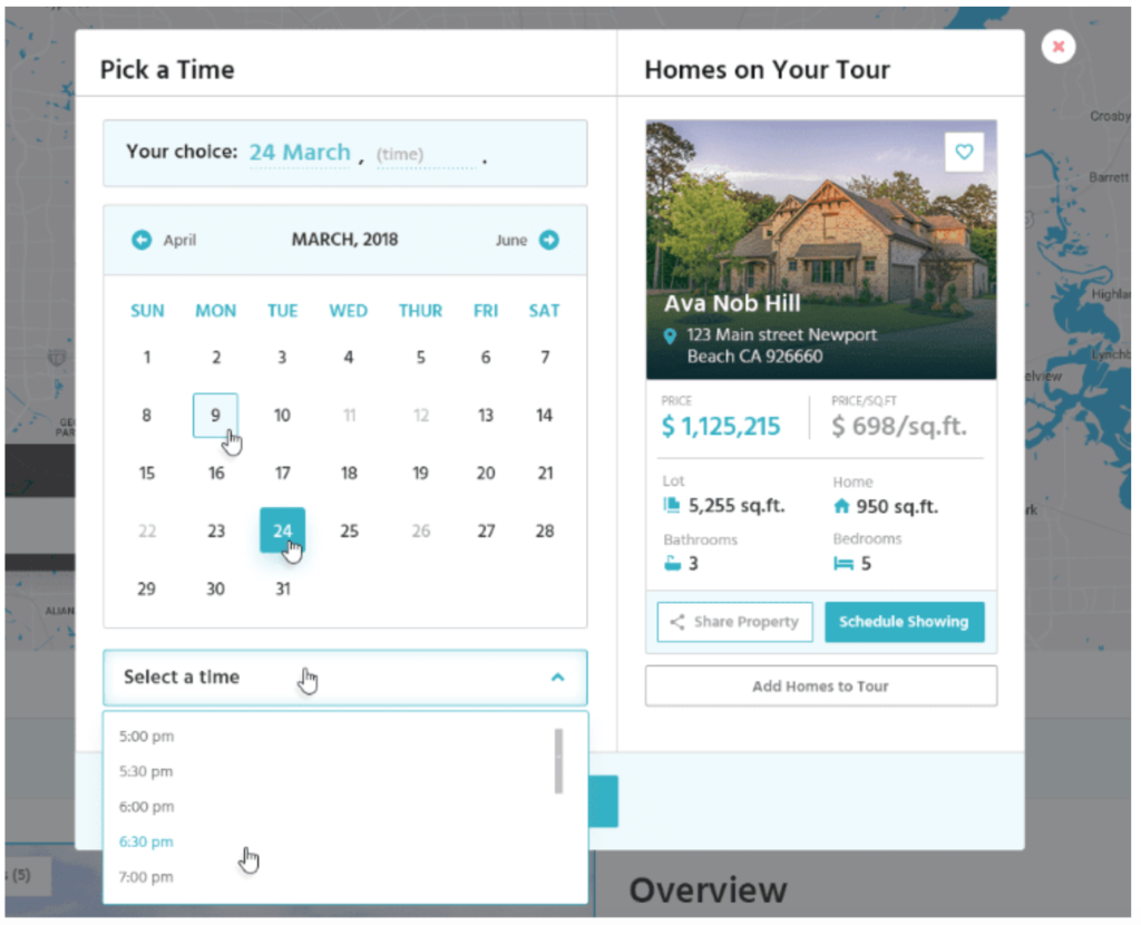 pick a time feature on real estate website for home tours