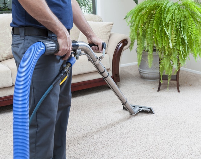 Man cleaning carpets in home