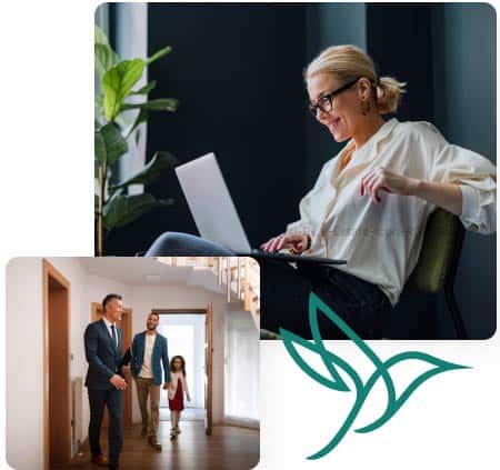 Composite image featuring a smiling blonde woman using a laptop, a real estate agent showing a home to a father and daughter, and the Colibri Real Estate logo—representing success in online real estate school and career growth. 