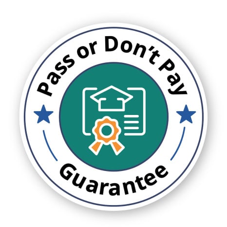 Badge with 'Pass or Don't Pay Guarantee' text, featuring a graduation cap and rosette, highlighting the confidence and success rate of online real estate school courses. 